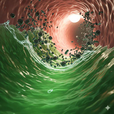 Artistic depiction of a green wave with small black creatures swirling towards a light source.